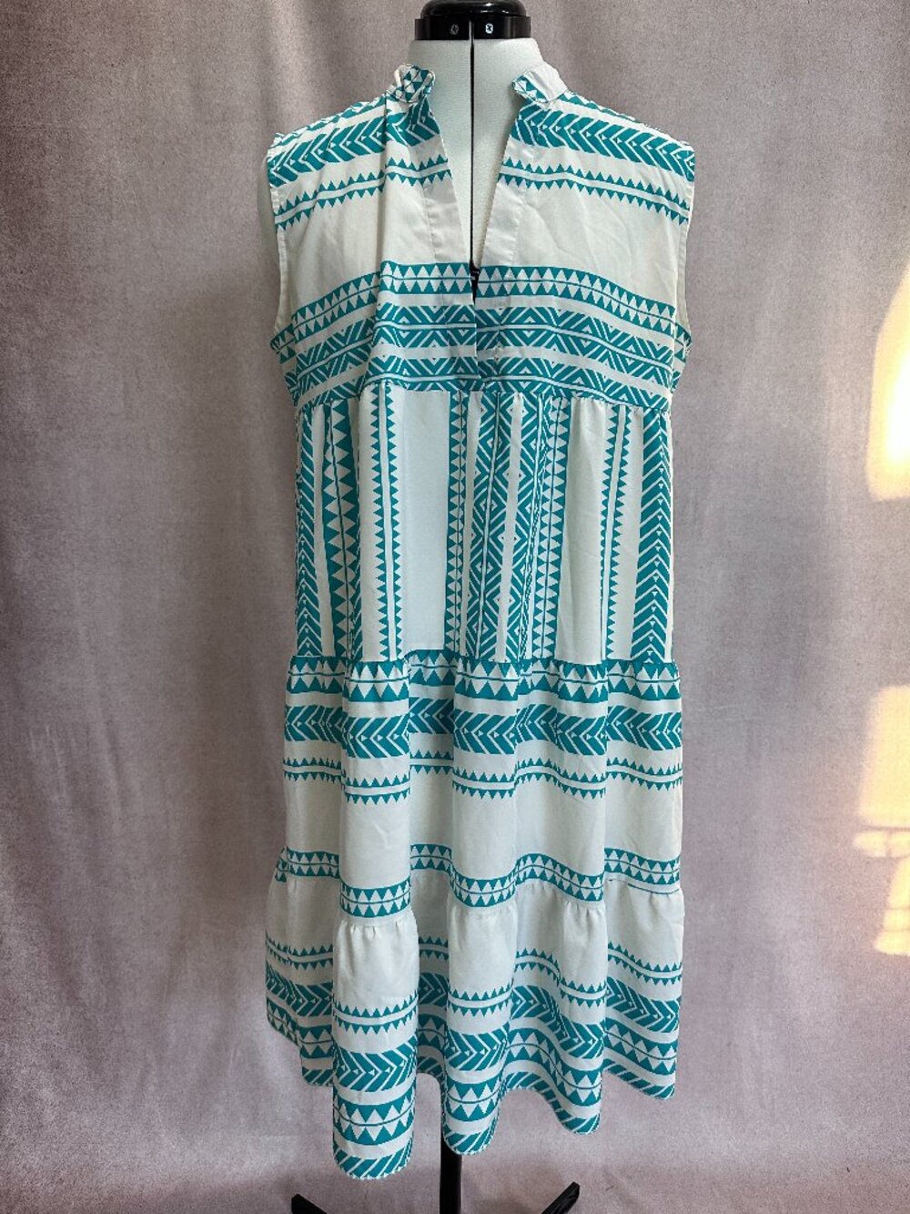 Sleeveless Tiered Sundress in Green and White, L